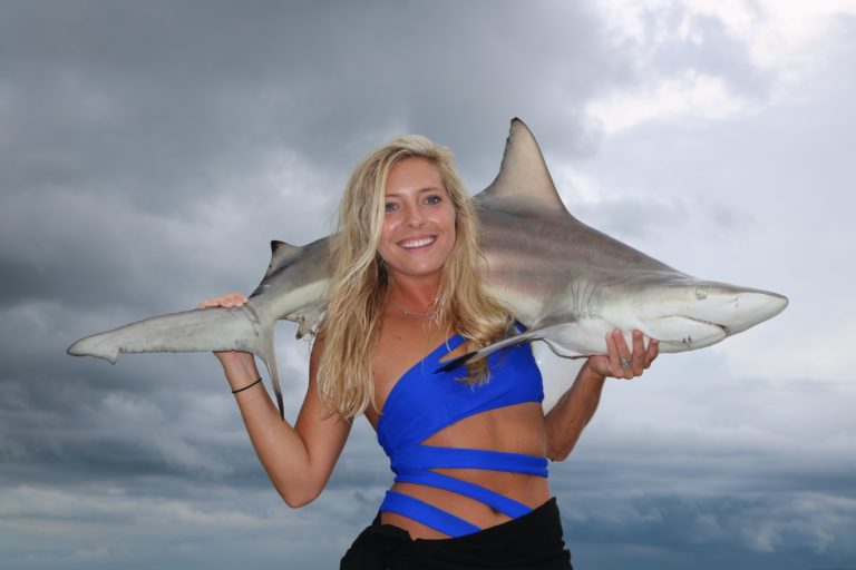 Angler holding a shark caught on a Hilton Head shark fishing trip